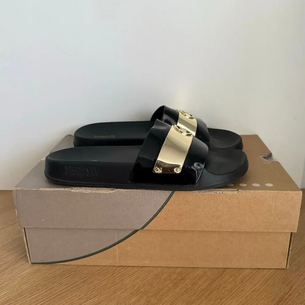 Michael Kors Jett Black/Gold Women Slide Sandals- SZ 8